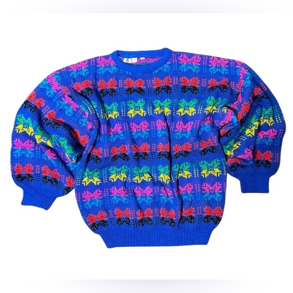 VINTAGE 1980s Bright Printed Sweater Crew Neck Vtg 80s Balloon Sleeves - Picture 1 of 7